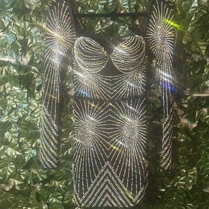 Fashion Women Ladies Long Sleeves Strapless Rhinestone Bodycon Short Party Dress